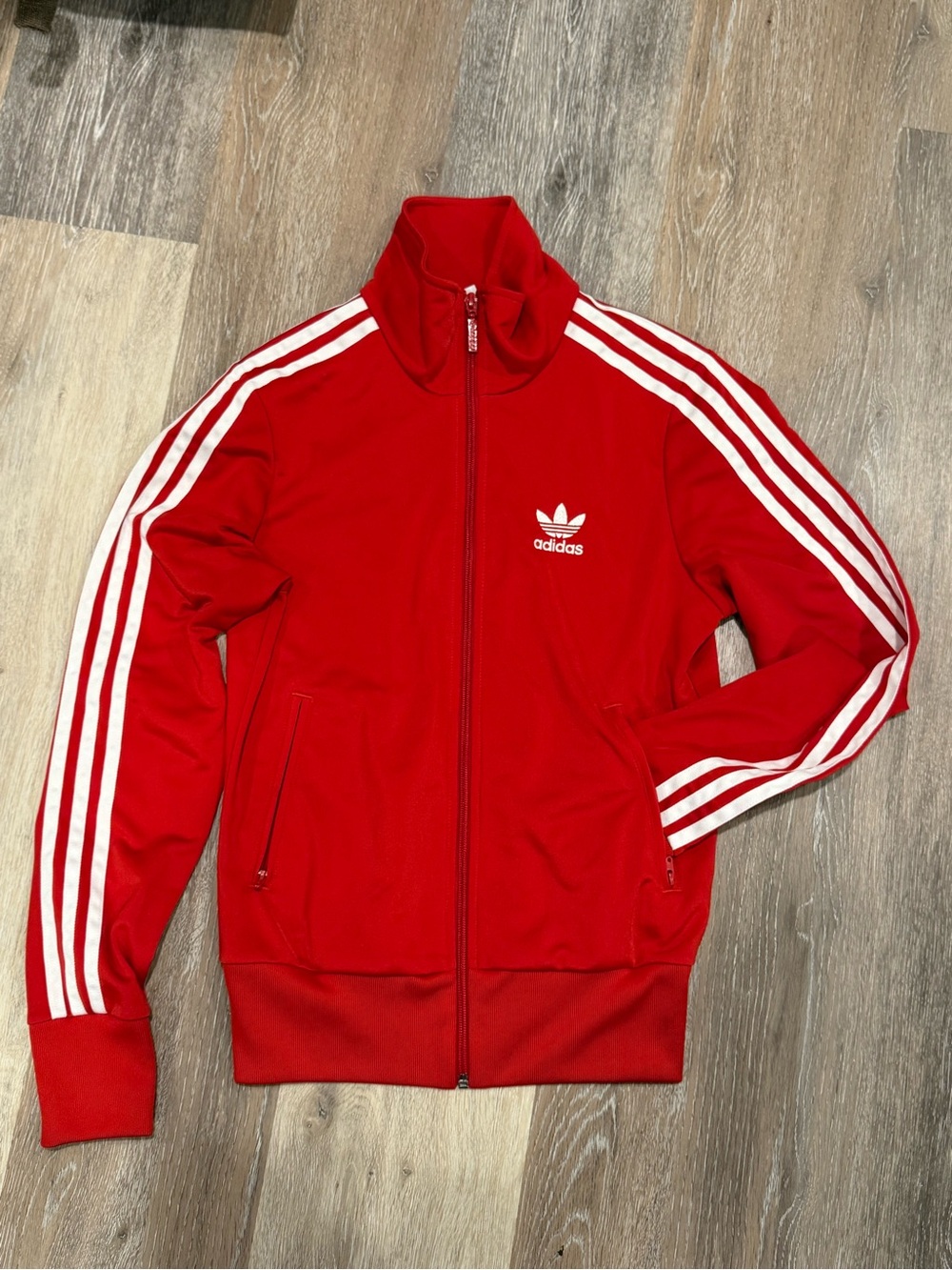adidas Red Track Jacket with White Stripe Accents